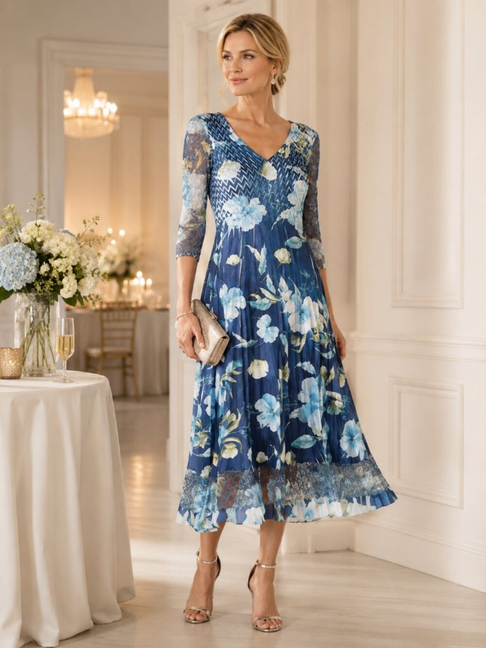 NWT Komarov Lace Sleeve Charmeuse & Chiffon Cocktail Dress in Cyan Blooms Sz. XL